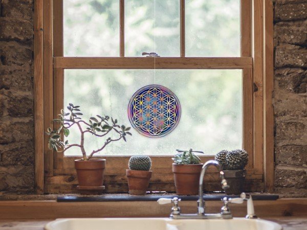 2 x 6cm Durchmesser, Blume des Lebens Verschiedene Varianten Selbstklebend sehr leuchtstark Raum der Stille Fenster Mandala