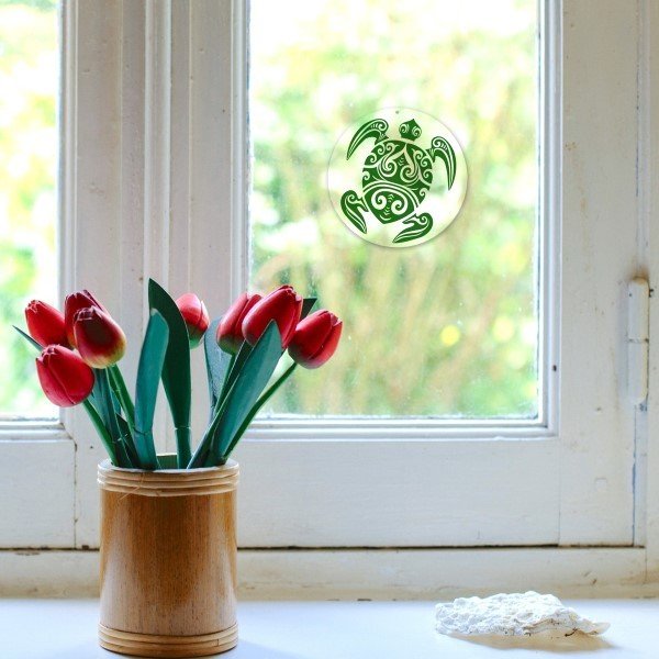 Fenster Deko Glas Bild Nr. 41  MAORI SCHILDKRÖTE grün Feng Shui Sonnen Licht Fänger Energie